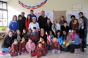 Photo: Jaime Olavarria and his students visit with school children in Coyhaique, in the Patagonia region of Chile.